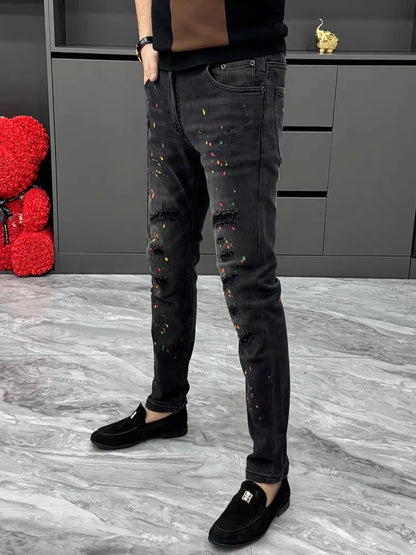 New High Quality Men's Clothing Casual Slim Pencil Pants Distressed Paint Patch Color Ink Graffiti Designer Long Jeans Trousers