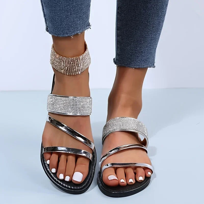 Sparkling Rhinestone Slides for Women - Comfy Open Toe Flats for Indoor & Outdoor Wear