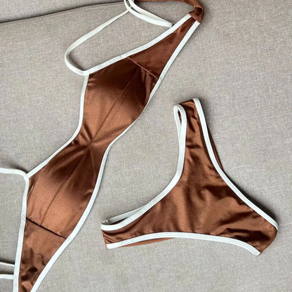 Bikini Women Swimsuit Female Swimwear Bandeau Thong Bathing Suit Shiny Swimming Suits Halter Bodysuit Beachwear