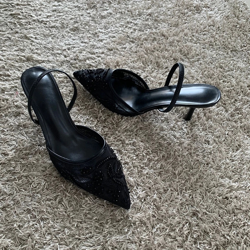 Luxury Brand High Heels Women Sandals Mesh Embroider Elegant Pointed Ladies Slingback Party Wedding Bridal Dress Shoes Woman