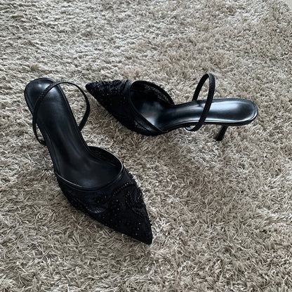 Luxury Brand High Heels Women Sandals Mesh Embroider Elegant Pointed Ladies Slingback Party Wedding Bridal Dress Shoes Woman