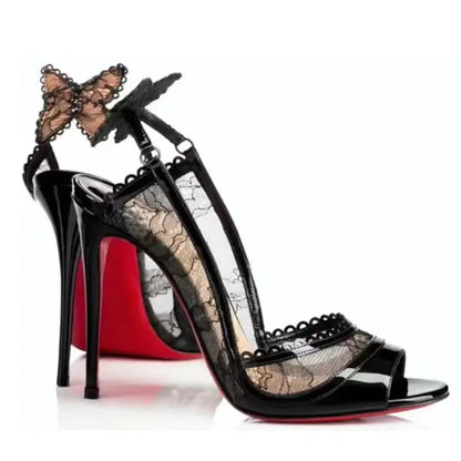 Sexy Lace Bowknot Thin High Heels Women Fish Mouth Elegant Designer Striptease Banquet Dress Shoes Fashion Brand Sandals Women