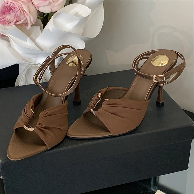 Aneikeh Summer Pointed Toe Thin High Heels Fashion Pleated Metal Buckle Strap Women Sandals Banquet Party Female Mules Shoes