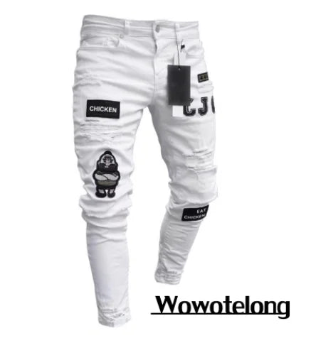 Mens Stretchy Ripped Skinny Embroidered Jeans Men's White Pants Destroyed Hole Slim Fit Denim High Quality Hip Hop Men trousers