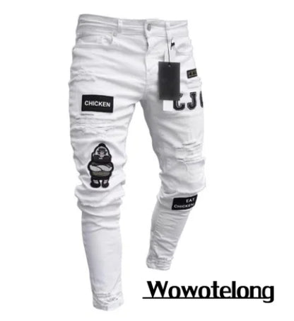 Mens Stretchy Ripped Skinny Embroidered Jeans Men's White Pants Destroyed Hole Slim Fit Denim High Quality Hip Hop Men trousers