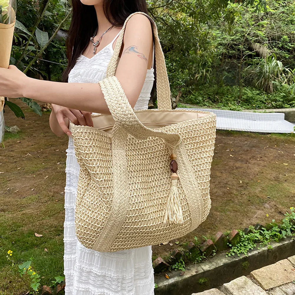 Elegant Women Straw Woven Handbag Summer Beach Casual Tote Top-Handle Bags Large Capacity Fashion Ladies Bohemian Shoulder Bags