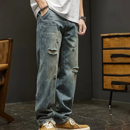 Korean Version Ripped Jeans Men'S Autumn New Retro Casual Pants High Street Loose Straight Leg Pants