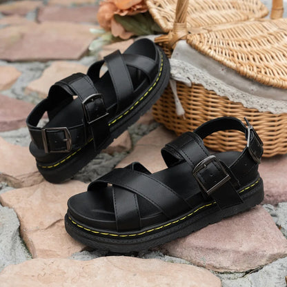 2025 Summer Women's Sandals Thick Bottom Martin Sandals Women's Roman Buckle Beach Shoes Sponge Cake Thick Bottom Sandals