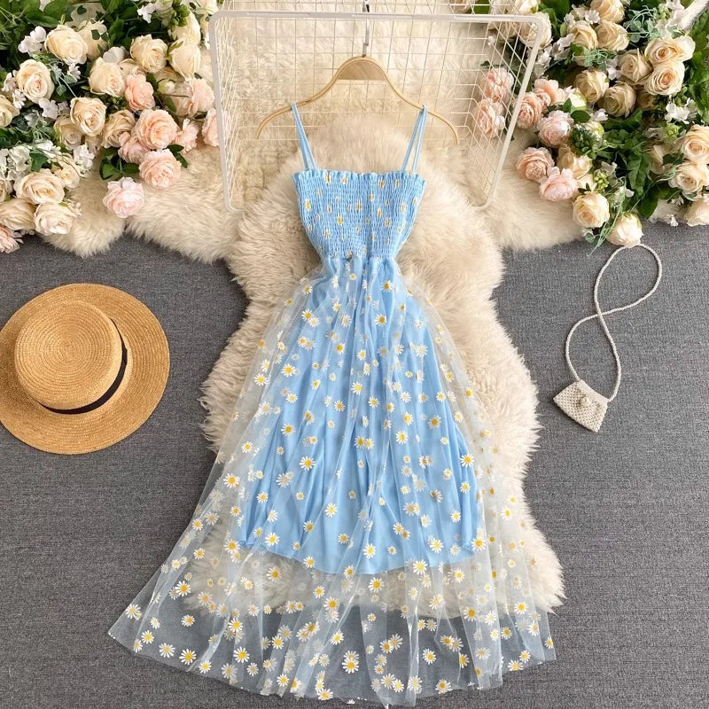 Women Dress 2025 New Summer Fashion Fairy Mesh Party Dress Korean Pop Floral Print Vacation Beach Dress Streetwear Sundress