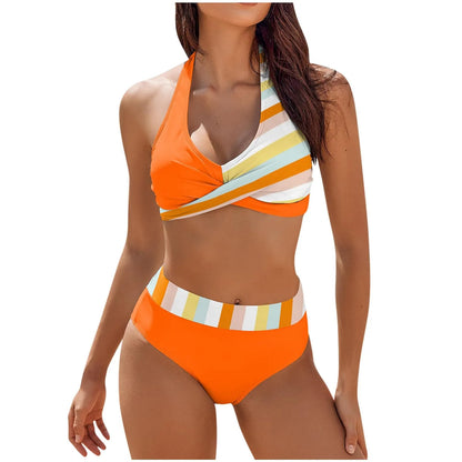 bikini Beach Colour Block Floral Printed Women's Swimsuit High Waist Two Piece For Teenagers biquinis feminino tendência 2024