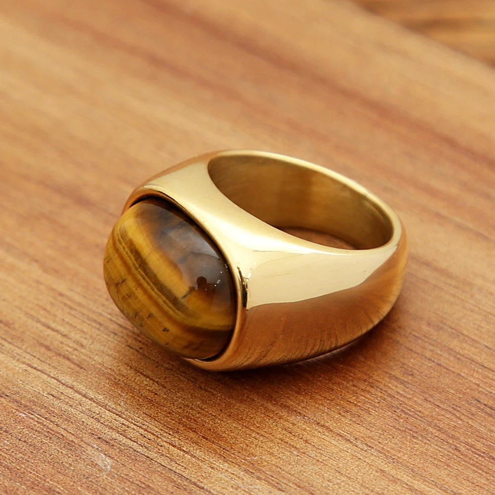 Classic Natural Tiger Eye Brown Stones Rings For Men Women Simple Stainless Steel Stone Ring Punk Fashion Jewelry Gift Wholesale