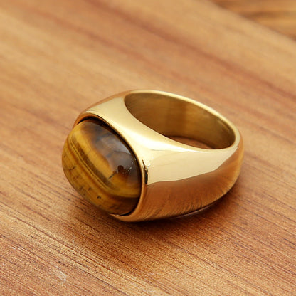Classic Natural Tiger Eye Brown Stones Rings For Men Women Simple Stainless Steel Stone Ring Punk Fashion Jewelry Gift Wholesale
