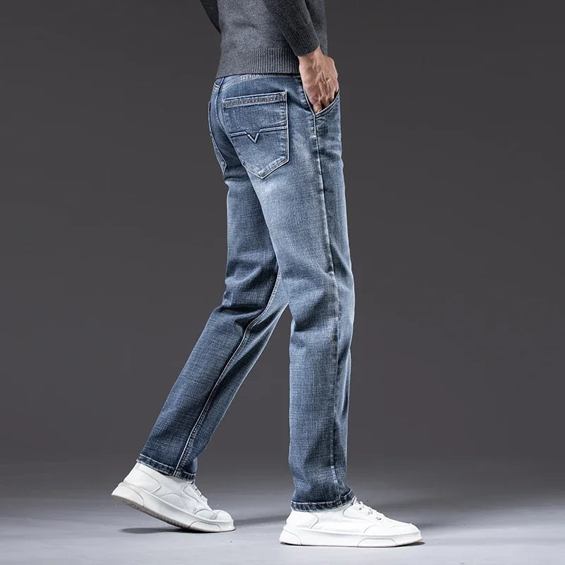 Autumn Men's Business Straight Fit Jeans Vintage Blue Smoke Gray Stretch Trousers Soft Comfortable Fabric Denim Pants Male