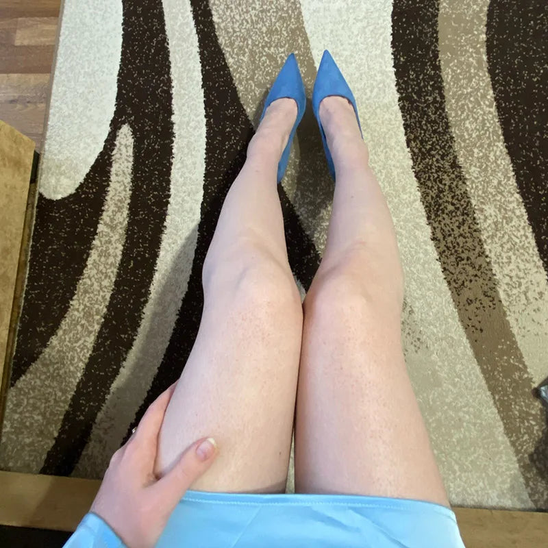 Women 9cm High Heels Pumps Stripper Flock Suede Plus Size Escarpins Lady Wedding Bridal Heels Escarpins Green Blue Yellow Shoes