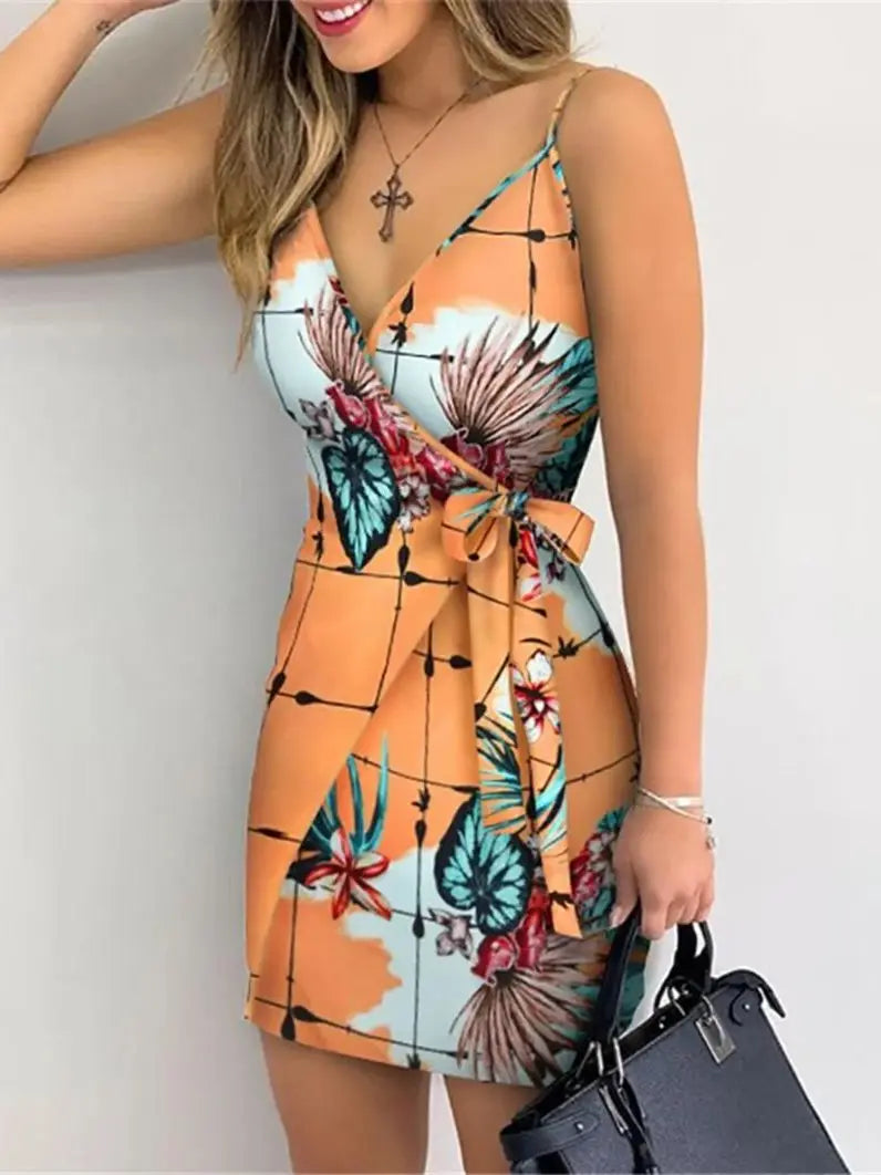 Women's Sexy V-Neck Spaghetti Strap Bodycon Dress, Slim Fit Party Dress with Waist Belt, Summer Cocktail Dress