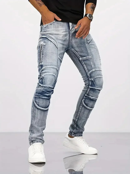 Pencil Jeans Men Ankle Length Denim Pants Washed Ripped Jeans Spliced Patchwork Pockets Slim Fit Moto Biker High Waist Man
