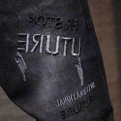 Spring Cargo Long Korean Fashion Men Black Denim New Straight Cargos Stylish Conical Boyfriend Embroidery Slim Pencil Pants
