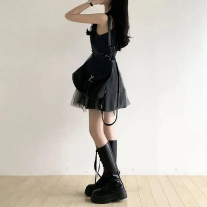 REALEFT Summer Y2k Black Mesh Women's Ball Gown Dresses 2025 New Sleeveless Strapless V-neck Party Sexy Mini Dress for Womens