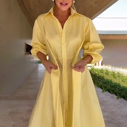 Summer New Women's Casual Long Sleeve Pure Color Slimming Dress Shirt Empire Waist Ankle Length Polo Collar Cross-Border Fashion