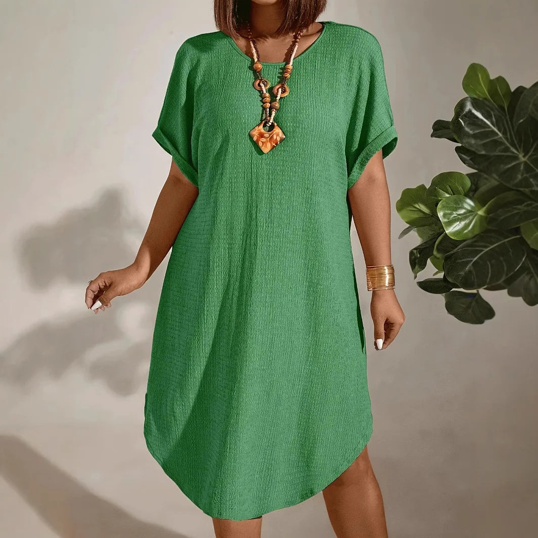 European and American large-size women's clothing 2025 summer new short-sleeved solid color dress large-size