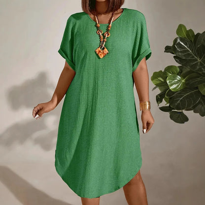 European and American large-size women's clothing 2025 summer new short-sleeved solid color dress large-size