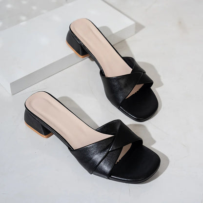 Summer New Fashion Open Toe Solid Color Simple Leather Surface Versatile Candy Color Large Slippers Square Heel Shoes Women