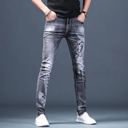 Trendy Luxury Clothing Men Korean Casual Denim Jeans Printed Patterns Slim Designer Spring Autumn Streetwear Cotton Trousers