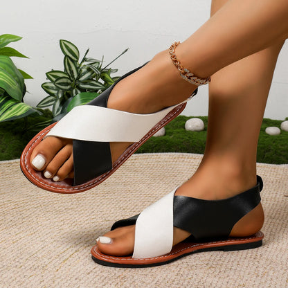 Women's Sandals 2025 Summer Women Color Block Flat Shoes Soft Pu Leather Sandalias De Mujer Summer Sandals Women Beach Footwear