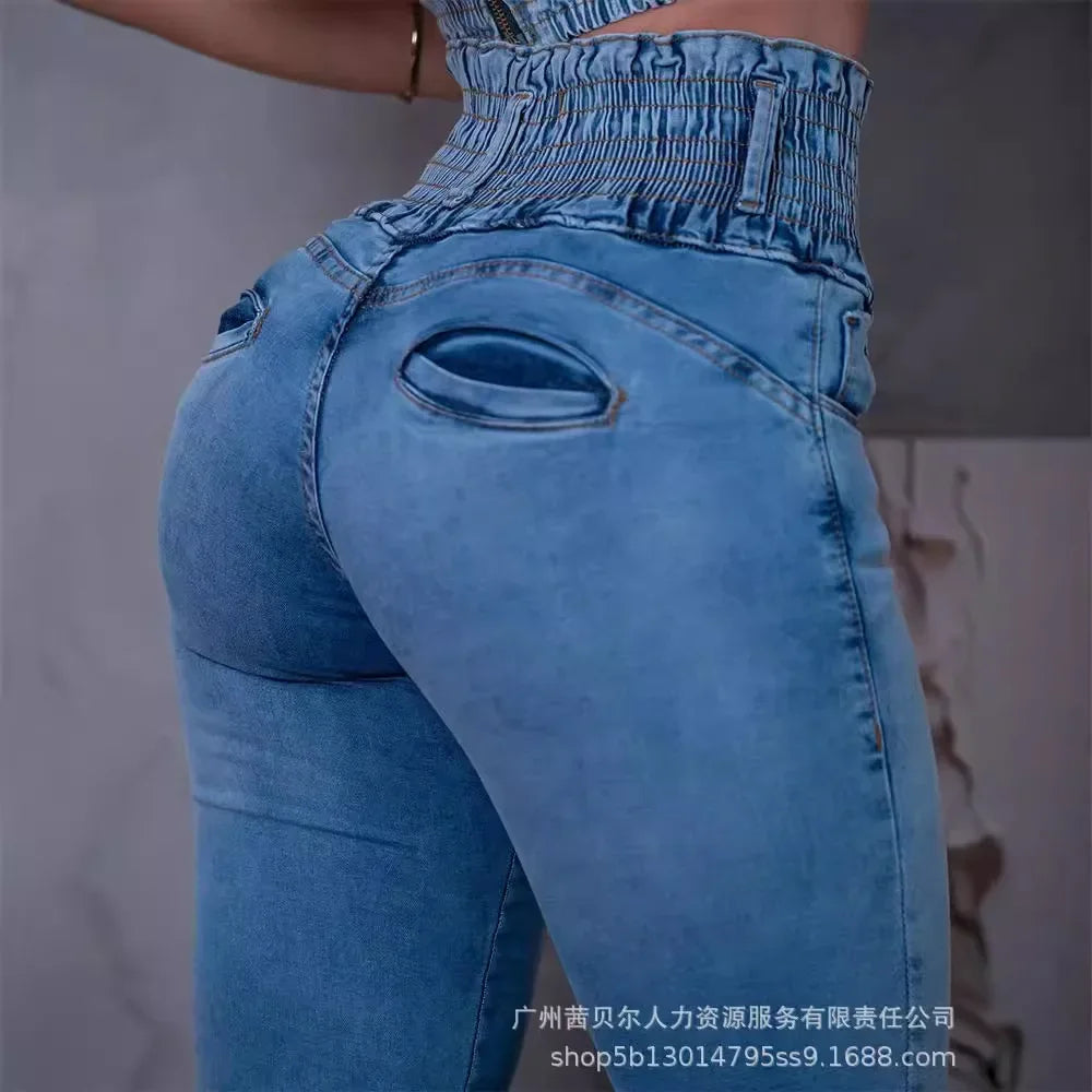 Stretchy Shirred High Waist Skinny Jeans Women Summer Sexy Slim Ankle Length Jeans Denim Pants