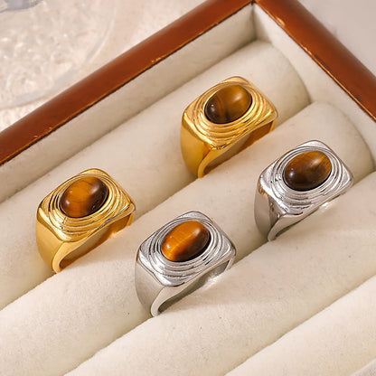 Nivora Stainless Steel Vintage Rings For Women Shiny Tiger's Eye Stone Cocktail Rings Women No Tarnish Jewelry Gifts