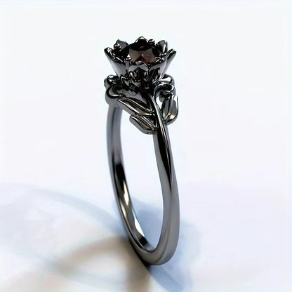 Cross-border new jewelry ladies flower ring electroplating gun black European and American hand-inlaid zircon ring