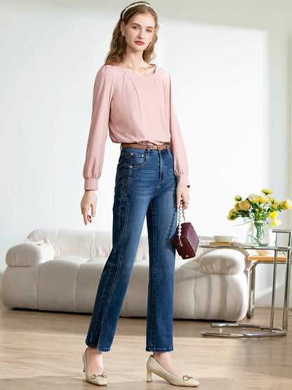I BELIEVE YOU Autumn Jeans Women 2024 Slim Straight Slit Ankle-length Pants Denim Blue Office Lady Female Trousers 2223044693