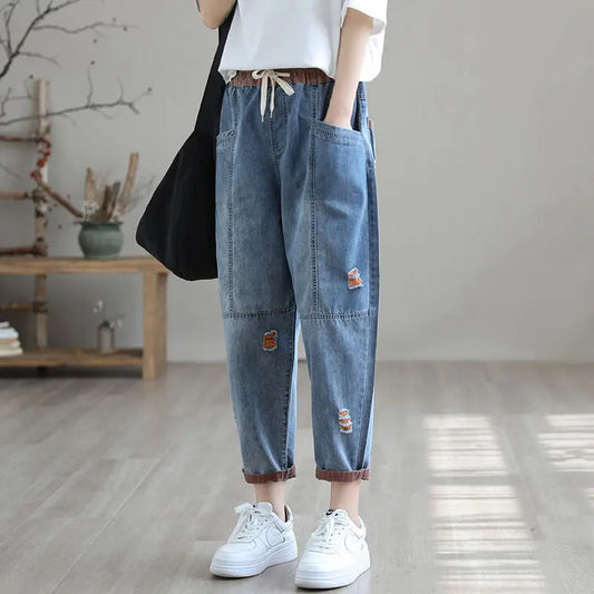 Retro Distressed Cropped Jeans Women Spring Summer Loose Slimming Elastic Waist Casual Harem Pants Thin Summer