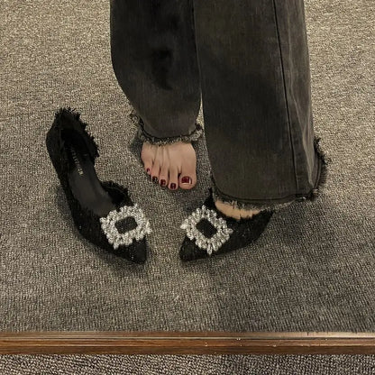 Stiletto Heels 2024 White Wedding Shoes Fashion Pointy Square Button Rhinestone Sandals Temperament Women's Women's Shoes