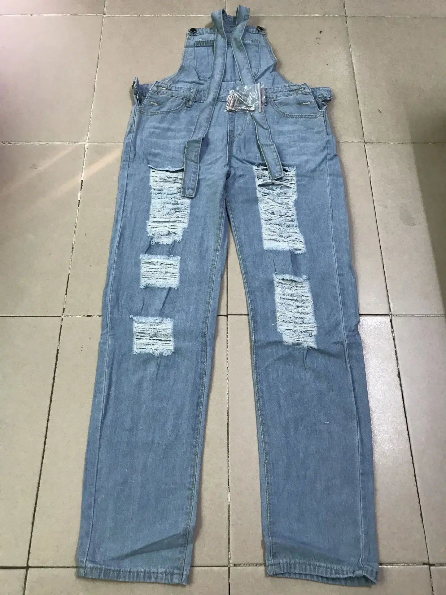 Women Jeans Long Pant Denim Pants One Piece Suspenders Straight Trousers Splice Hole High Waist Casual Overalls Autumn