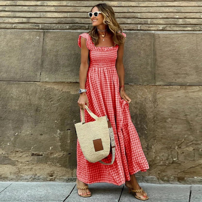 Luxury Ruffle Fly Sleeve Long Dress Square Neck Large Swing Plaid Party Evening Dress Casual Retro Beach Holiday Women's Clothes