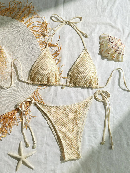 Grid Bikini Set for Women Solid Color 2 Piece Swimsuit Sexy Halter Lace-up Backless Thong Beach Vacation Swimwear 2025 New