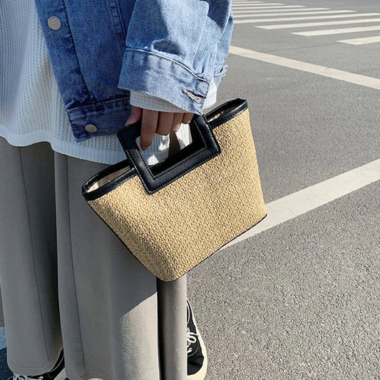 Women Straw Tote Handbag PU Leather Casual Travel Handbag Large Capacity Versatile Weaving Bag Summer Beach Handbag