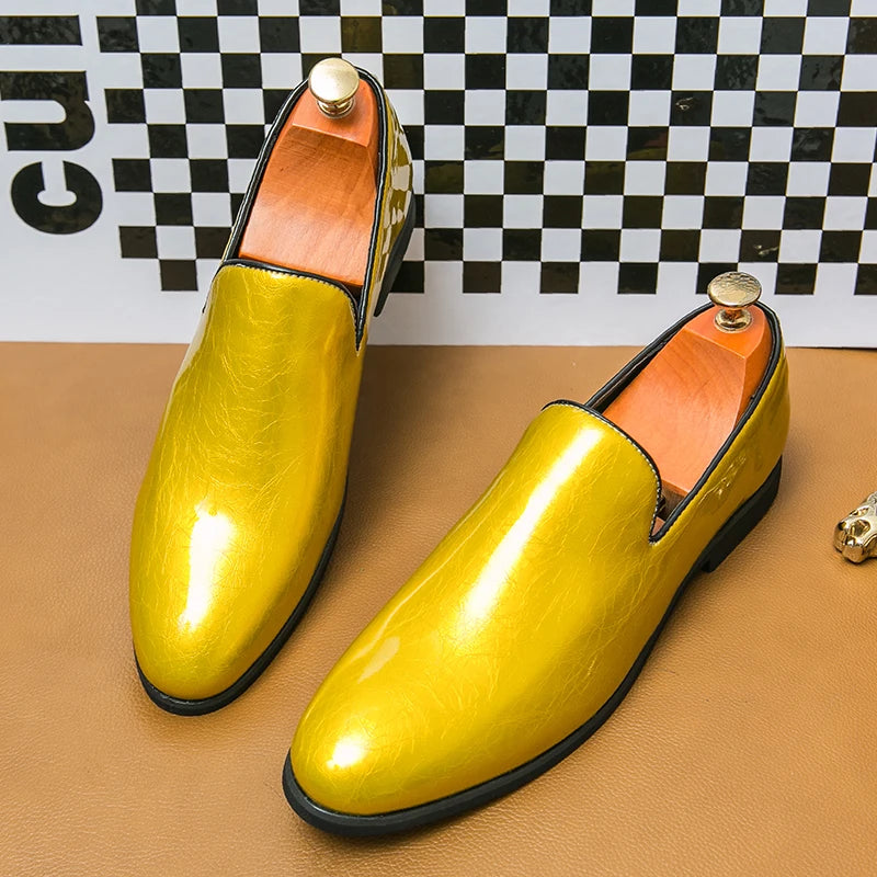 Luxury Designer Men's Pointed Candy Color Shiny Patent Leather Flats Shoes Male Wedding Casual Loafers Formal Dress Footwear