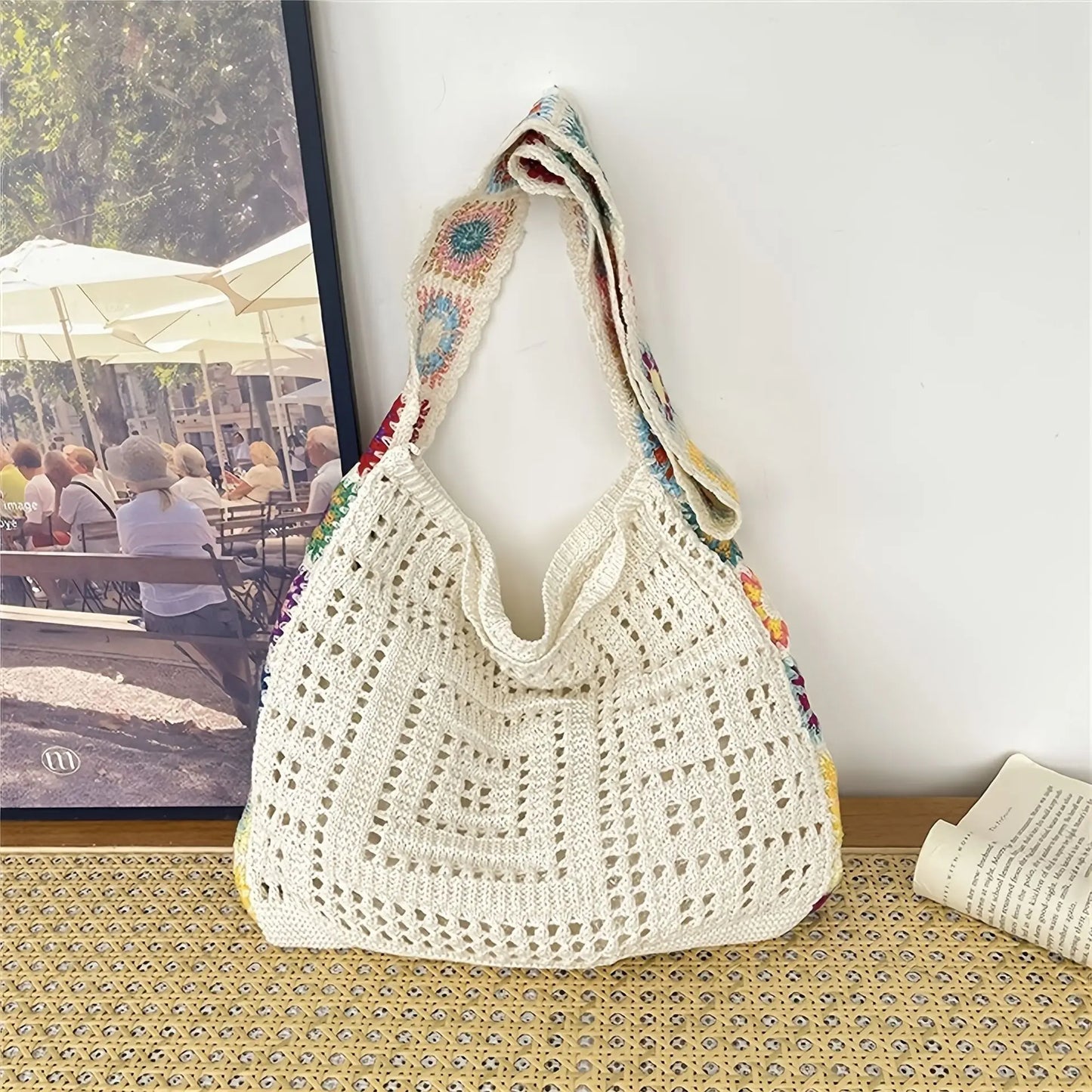 Women's Boho Crochet Bag Designer Flowers Knitted Handbags Large Capacity Summer Beach Woven Shoulder Bag Girls Tote Shopper Bag