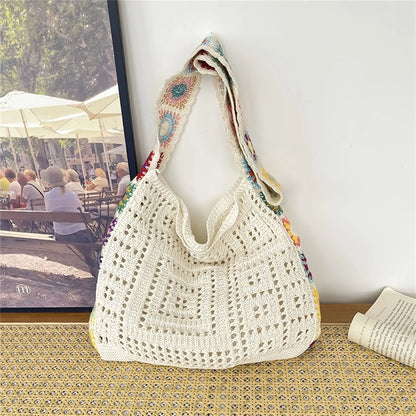 Women's Boho Crochet Bag Designer Flowers Knitted Handbags Large Capacity Summer Beach Woven Shoulder Bag Girls Tote Shopper Bag