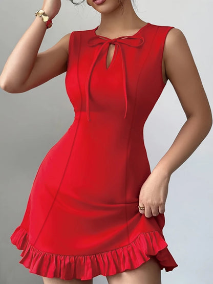 Sexy Short Sleeveless Mini Dress Pure  A-Line Mini Skirt Fashion New Arrival Women's Clothing Fashion Temperament Bowknot Dress