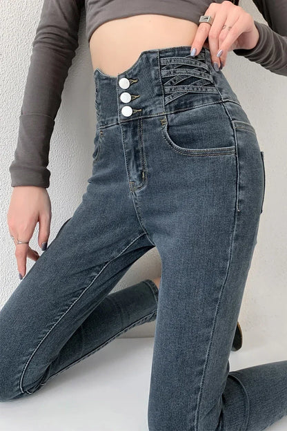 Skinny Pencil Y2K Jeans Four Buttons Vintage High Waist Women Slim Stretch Denim Pants Tight Trousers 2025 Women's Denim Pants