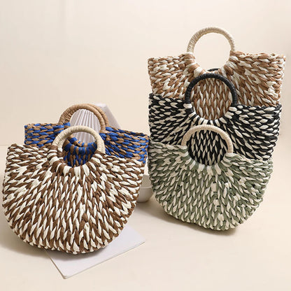 Women Straw Tote Handbag Large Capacity Half-Round Handbag Color Clash Semicircle Weaving Bag Summer Beach Handbag