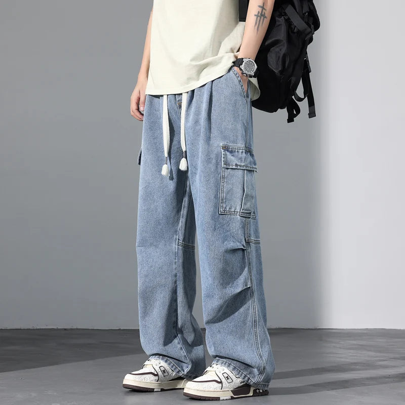 Large Pocket Baggy Jeans Men's 2025 New Spring Classic Straight Denim Trousers Street Y2K Elastic Waist Casual Cargo Pants