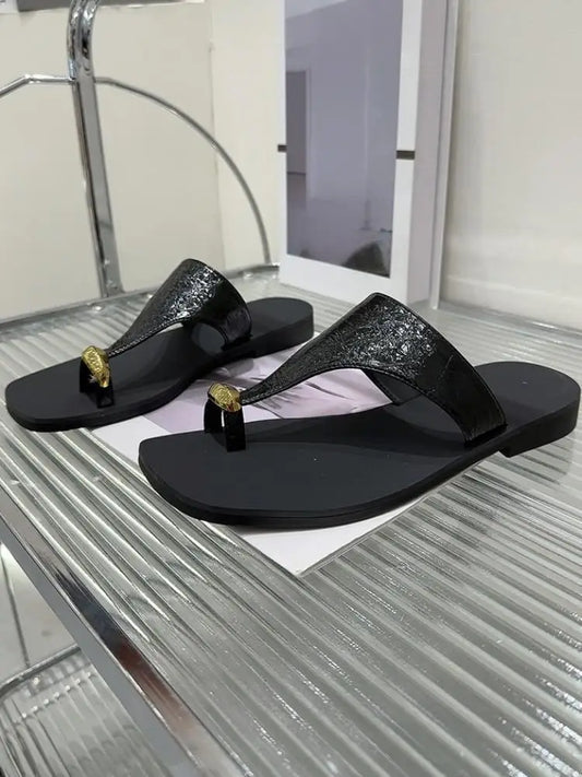 Summer Wearing Outside Clipped Toe Slippers Leisure Women Korean Style Versatile Solid Color Cow Split Leather Flip Flops