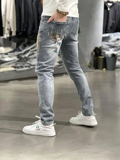 Spring Designer Clothes Casual Men's Denim Jeans with Rabbit Print Slim Fit Light Blue Tight Jeans Korean Jeans Men's Luxury New