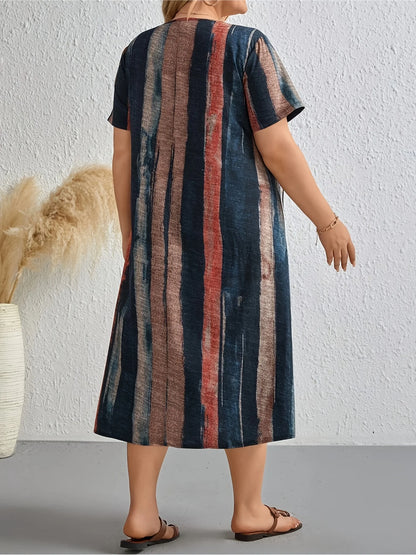 Plus-size women's multi-colored sleeveless round-neck printed dress, suitable for spring/summer/fall - oversized turtleneck styl