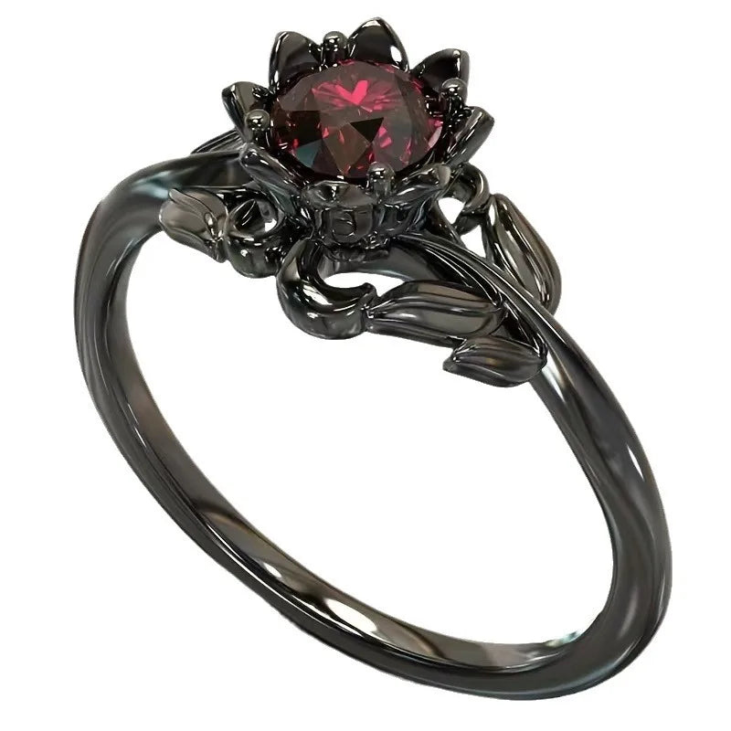 Cross-border new jewelry ladies flower ring electroplating gun black European and American hand-inlaid zircon ring