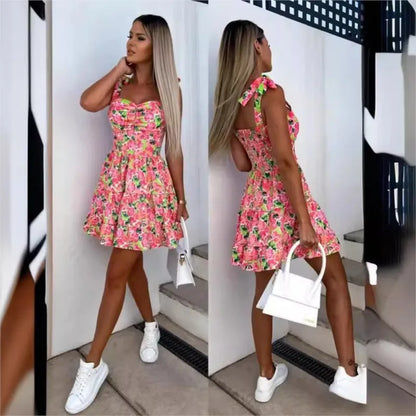 Summer Fashion Flower Print Waist Pleated Dress For Women Y2k Casual Vacation Beach Sundress Spaghetti Strap Mini Dress Female